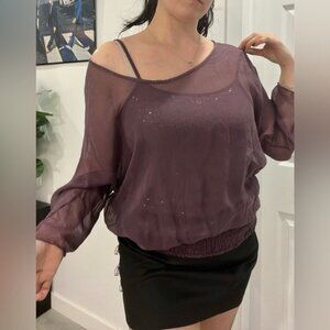 Y2K Dolman Sleeve Glitter Cami Blouse 2000s Overlay Top Hip Elastic Hem